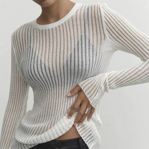 Zara White Ribbed Knit Sheer Top Size Small